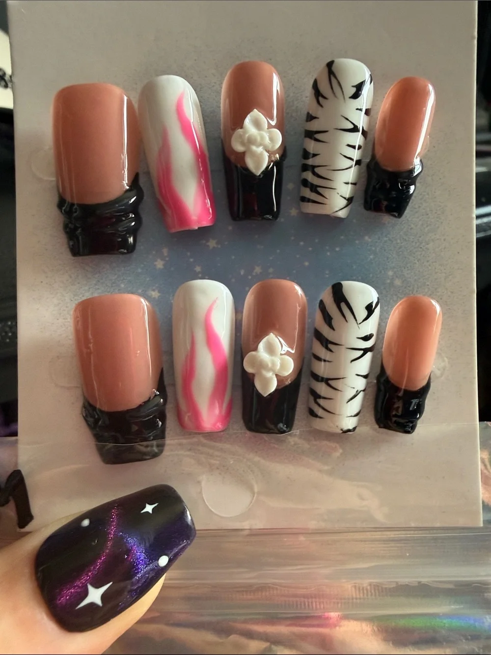Neutral & Pink Accent Press-On Nail Set with Zebra and Floral Details